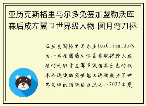 亚历克斯格里马尔多免签加盟勒沃库森后成左翼卫世界级人物 圆月弯刀拯救球队 亚历克斯格里马尔多免签加盟勒沃库森后成左翼卫世界级人物 圆月弯刀拯救球队